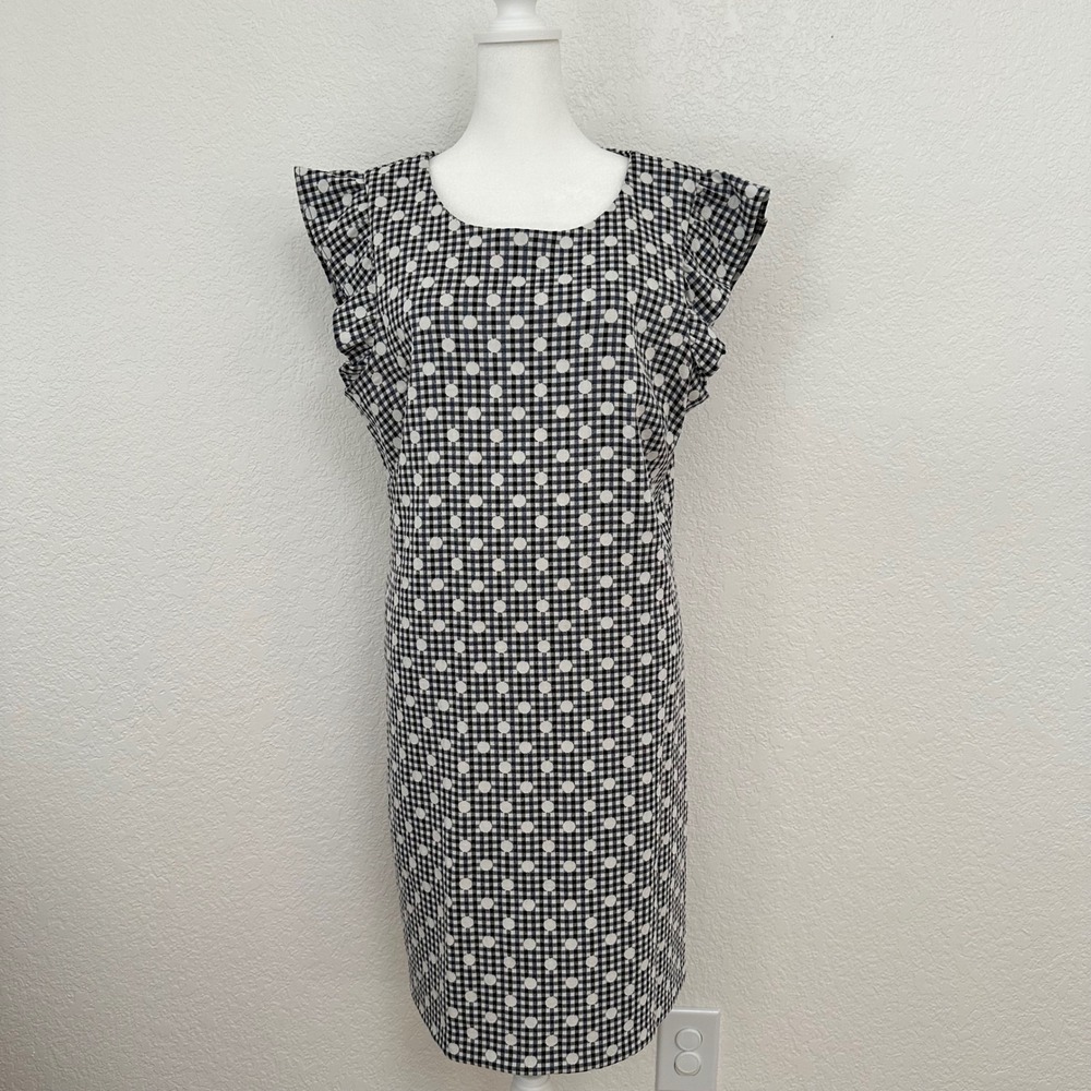 Jessica Howard Shift Dress Womens 16 Black Gingham Polka Dot Ruffle Cap Sleeve